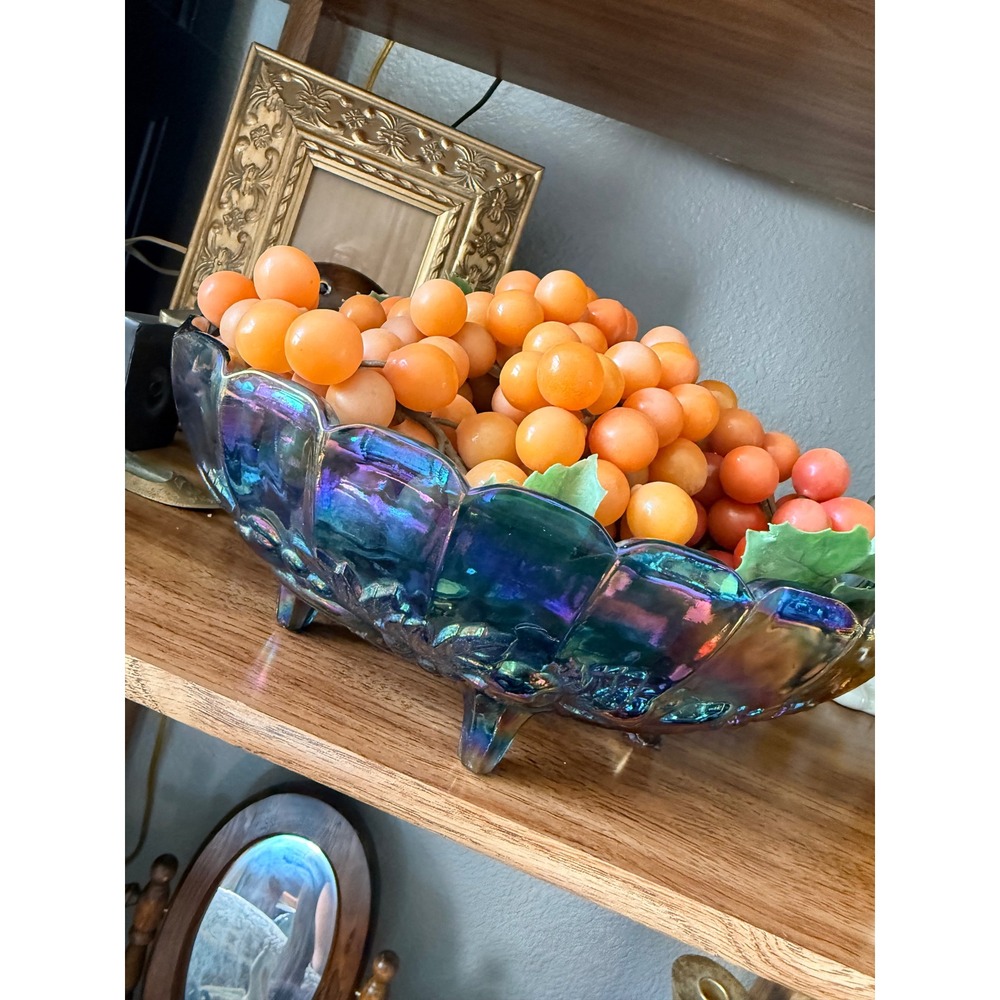 Vintage Indiana Glass Blue Carnival Glass Harvest Grape Footed Oval Fruit Bowl